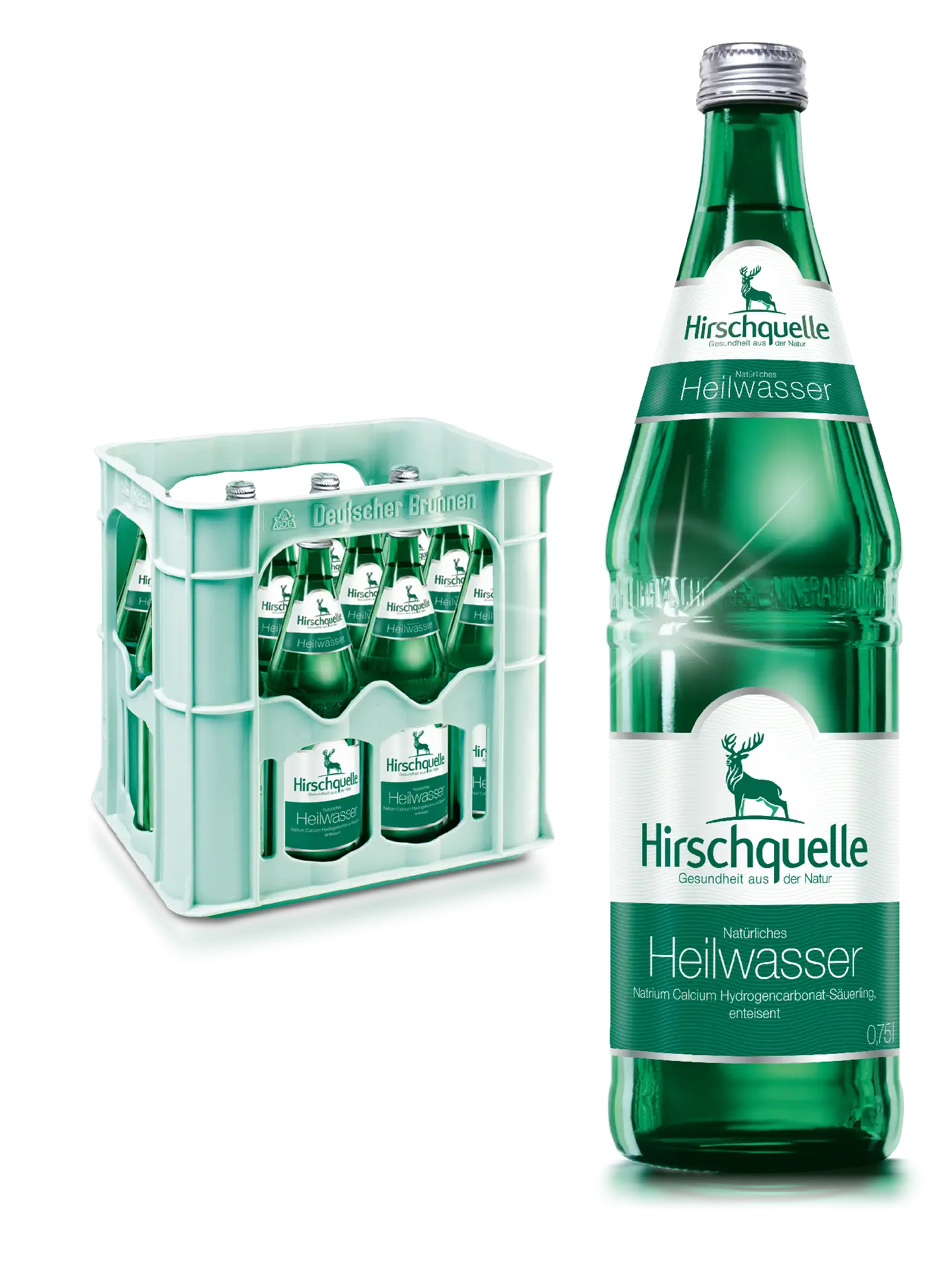 Hirschquelle 0,75 Glas Mehrwegglas Flasche mit einem Kasten im Hintergrund