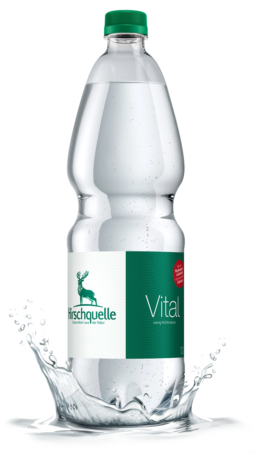 1,0 L PET-Flasche Hirschquelle Vital Mineralwasser mit spritzendem Wasser